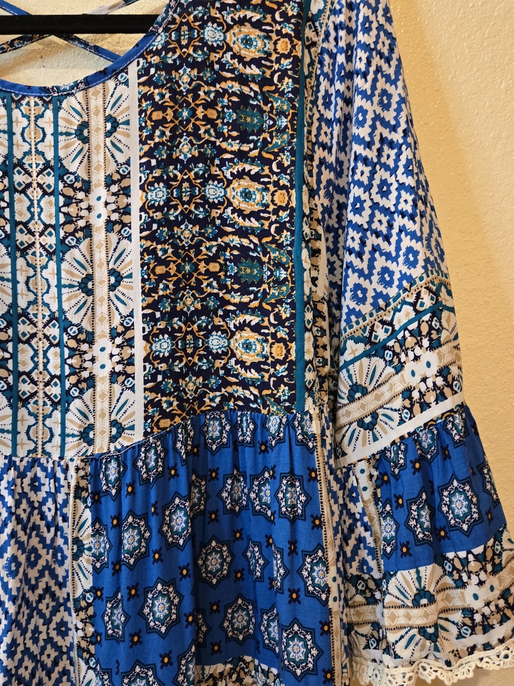 Umgee Mixed Print Blue Peasant Bohemian Tunic Dress with Crisscross Back Size S - Picture 11 of 14